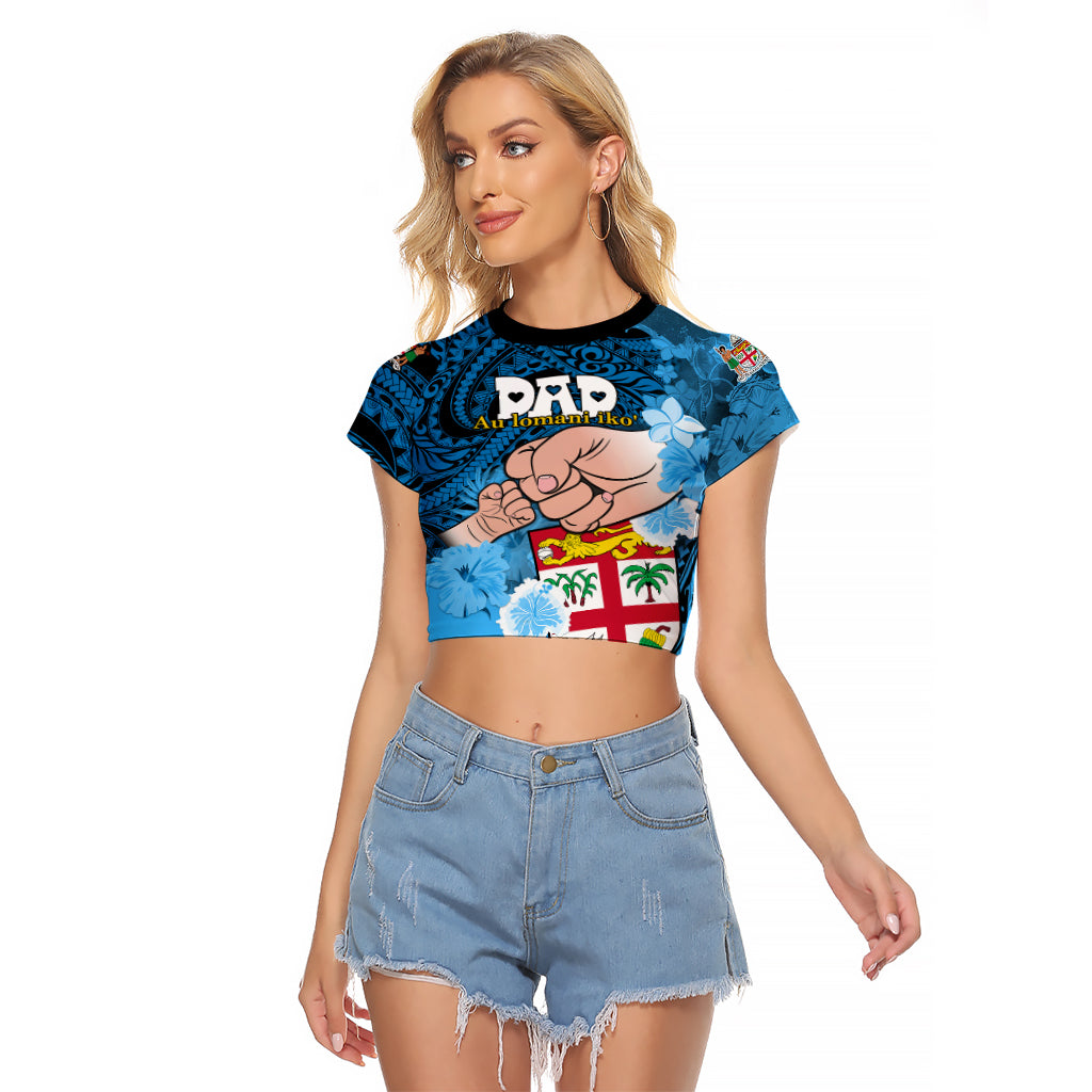 Personalised Fathers Day Polynesian Islands Fiji Raglan Cropped T Shirt Dad Au Lomani Iko - Polynesian Flowers Tribal LT9 Female Blue - Polynesian Pride