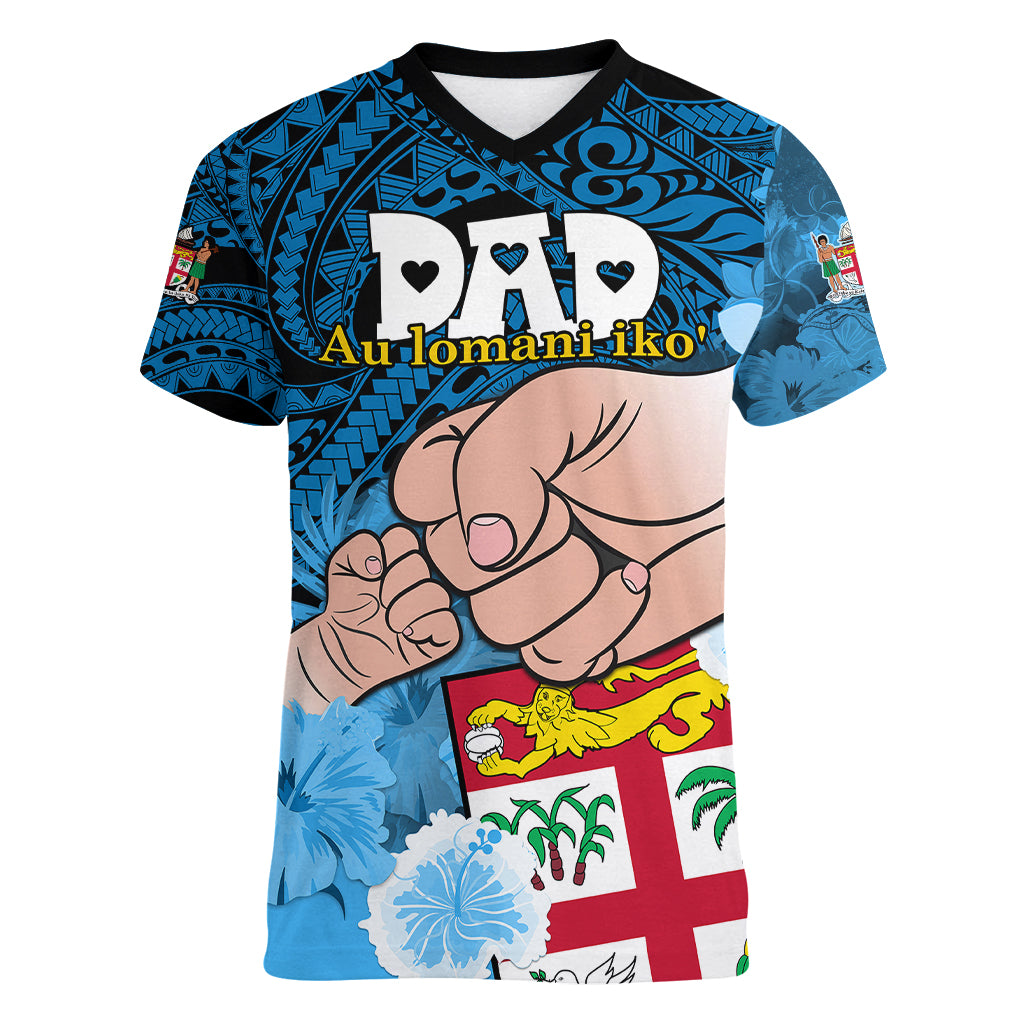 Personalised Dads Day Fiji Women V Neck T Shirt Dad Au Lomani Iko - Polynesian Flowers Tribal LT9 Female Blue - Polynesian Pride