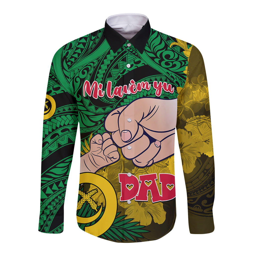Personalised Dads Day Vanuatu Long Sleeve Button Shirt Dad Mi lavem yu - Polynesian Flowers Tribal LT9 Unisex Green - Polynesian Pride