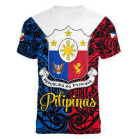 125th Independence Anniversary Philippines Women V Neck T Shirt Polynesian Pilipinas Flag Style - Black LT9 - Polynesian Pride