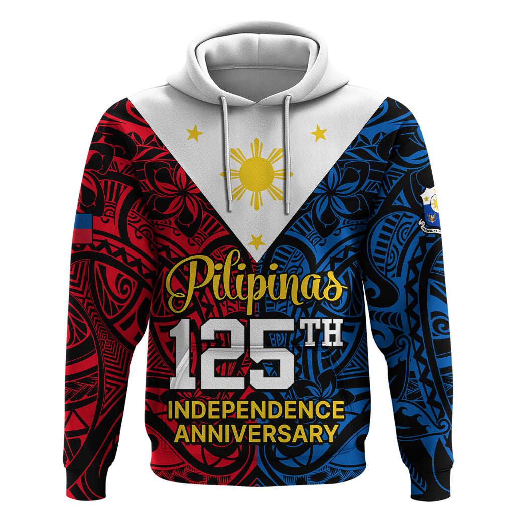 Custom 125th Independence Anniversary Philippines Hoodie Polynesian Pilipinas Flag Style Black LT9 Pullover Hoodie Black - Polynesian Pride