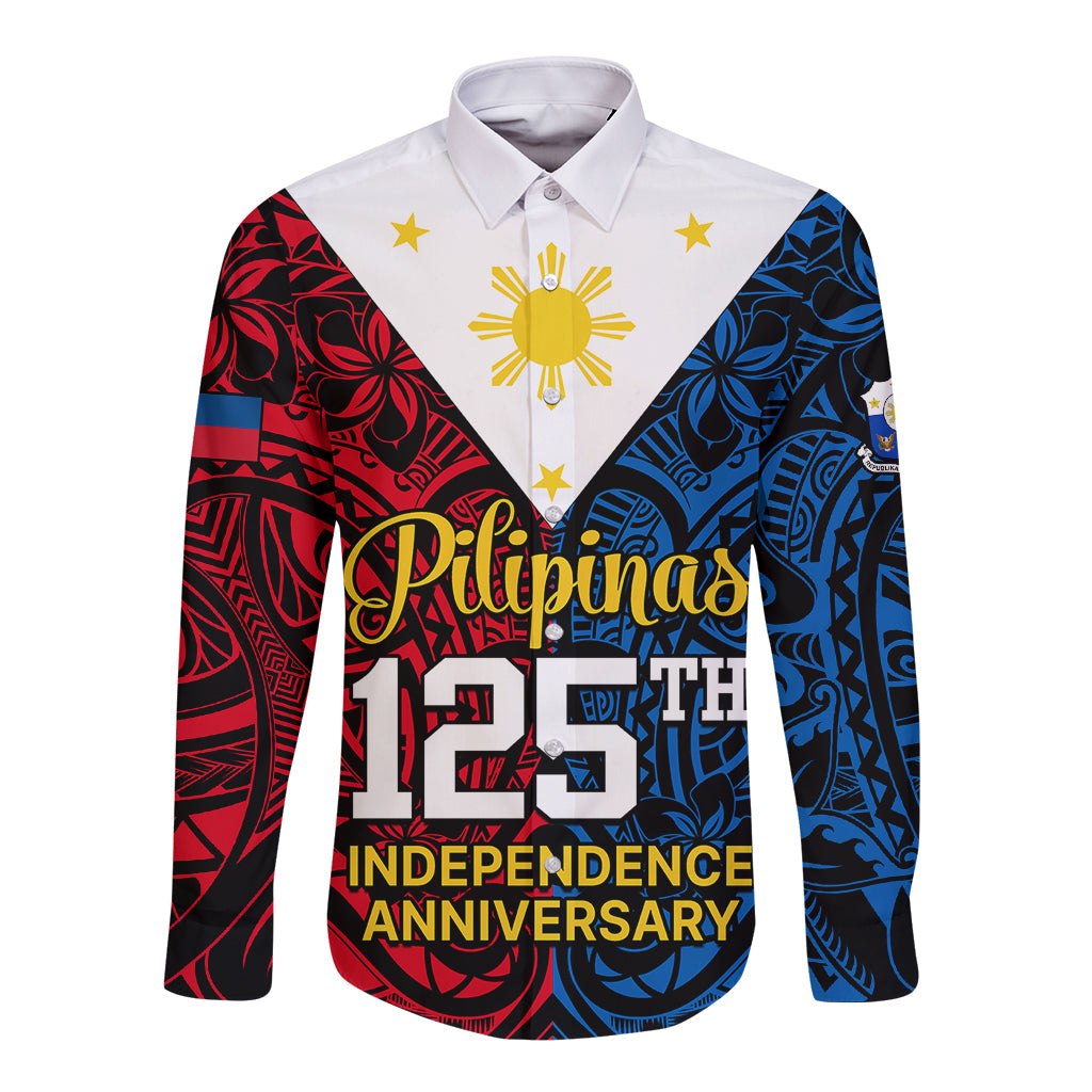 Personalised Polynesian Philippines Long Sleeve Button Shirt Pilipinas Flag Style for 125th Independence Anniversary Black LT9 Unisex Black - Polynesian Pride