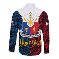 Personalised Polynesian Philippines Long Sleeve Button Shirt Pilipinas Flag Style for 125th Independence Anniversary Black LT9 - Polynesian Pride