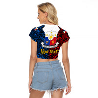 Personalised 125th Independence Anniversary Philippines Raglan Cropped T Shirt Polynesian Pilipinas Flag Style - Black LT9 - Polynesian Pride