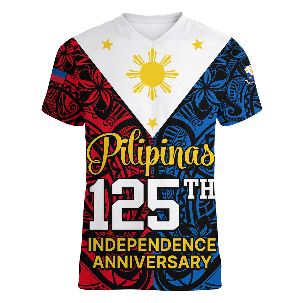 Personalised 125th Independence Anniversary Philippines Women V Neck T Shirt Polynesian Pilipinas Flag Style - Black LT9 Female Black - Polynesian Pride