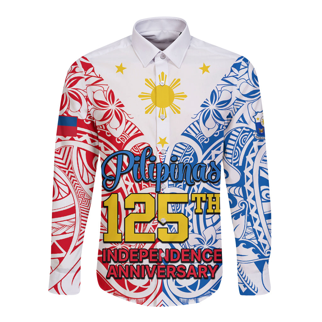 Polynesian Philippines Long Sleeve Button Shirt Pilipinas Flag Style for 125th Independence Anniversary White LT9 Unisex White - Polynesian Pride