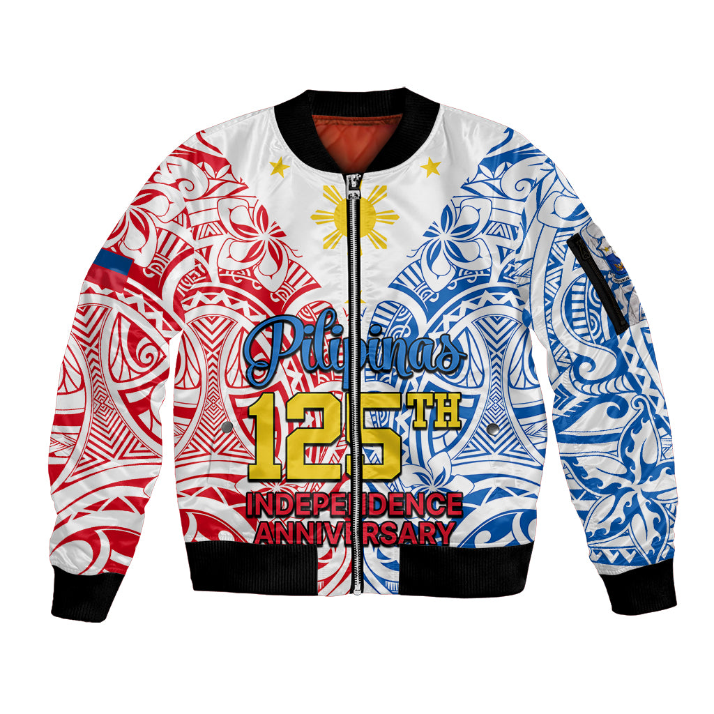125th Independence Anniversary Philippines Sleeve Zip Bomber Jacket Polynesian Pilipinas Flag Style - White LT9 Unisex White - Polynesian Pride