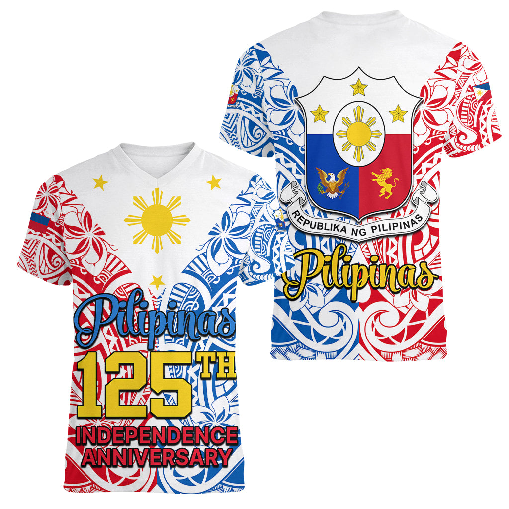 125th Independence Anniversary Philippines Women V Neck T Shirt Polynesian Pilipinas Flag Style - White LT9 - Polynesian Pride