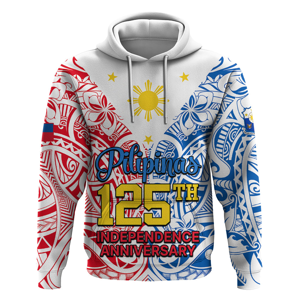 Custom 125th Independence Anniversary Philippines Hoodie Polynesian Pilipinas Flag Style White LT9 Pullover Hoodie White - Polynesian Pride