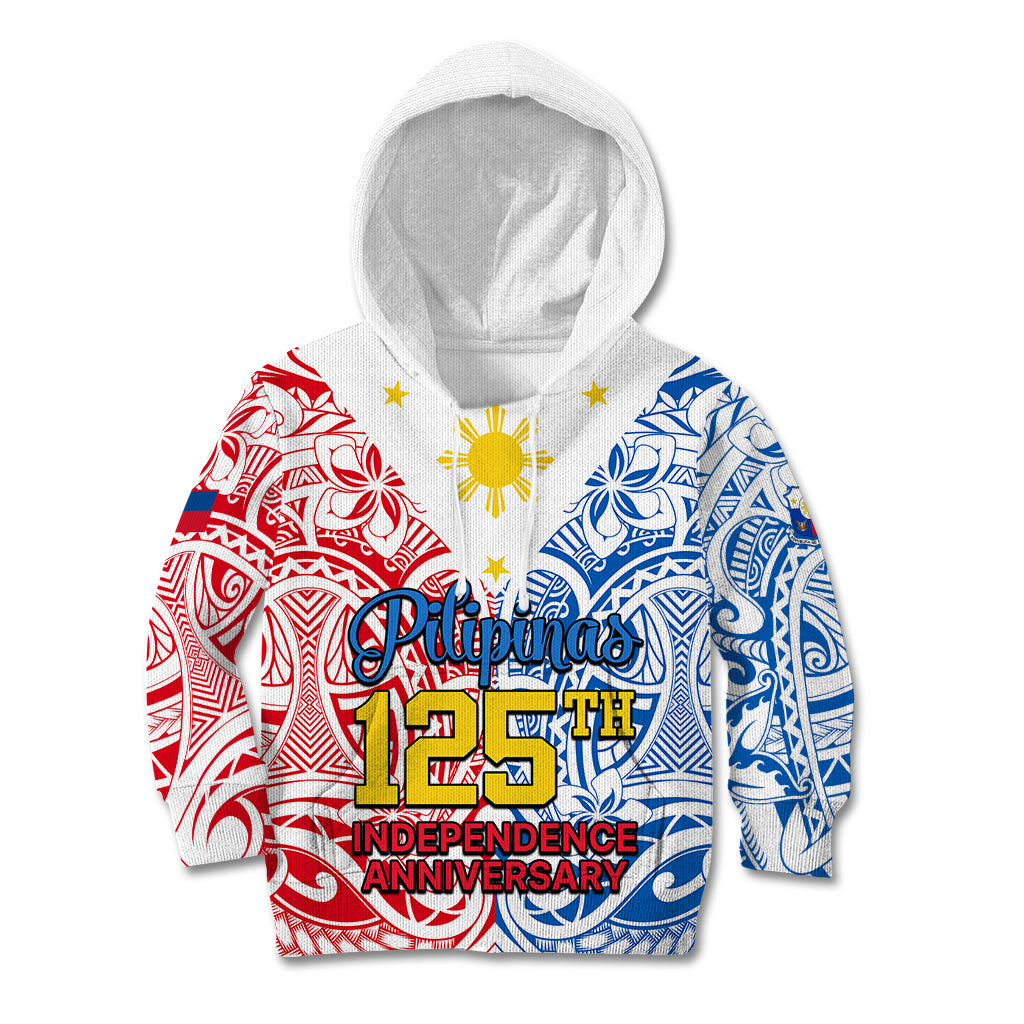 Personalised 125th Independence Anniversary Philippines Kid Hoodie Polynesian Pilipinas Flag Style - White LT9 Hoodie White - Polynesian Pride