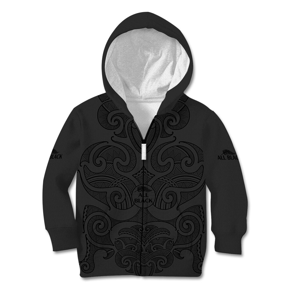 New Zealand Rugby Kid Hoodie All Black Fern with Maori Tribal Pattern LT9 Zip Hoodie Black - Polynesian Pride