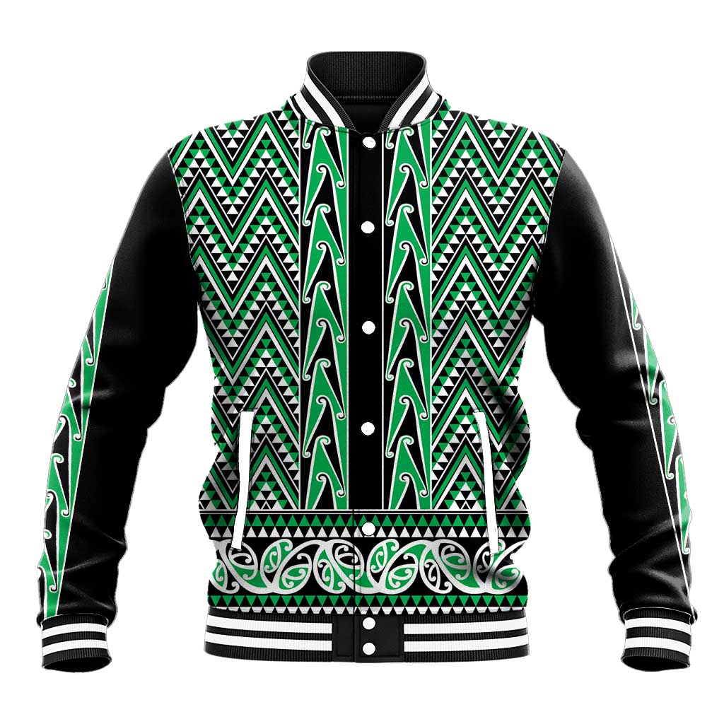 New Zealand Maori Niho Taniwha Baseball Jacket Kakariki Mangopare and Puhoro Pattern