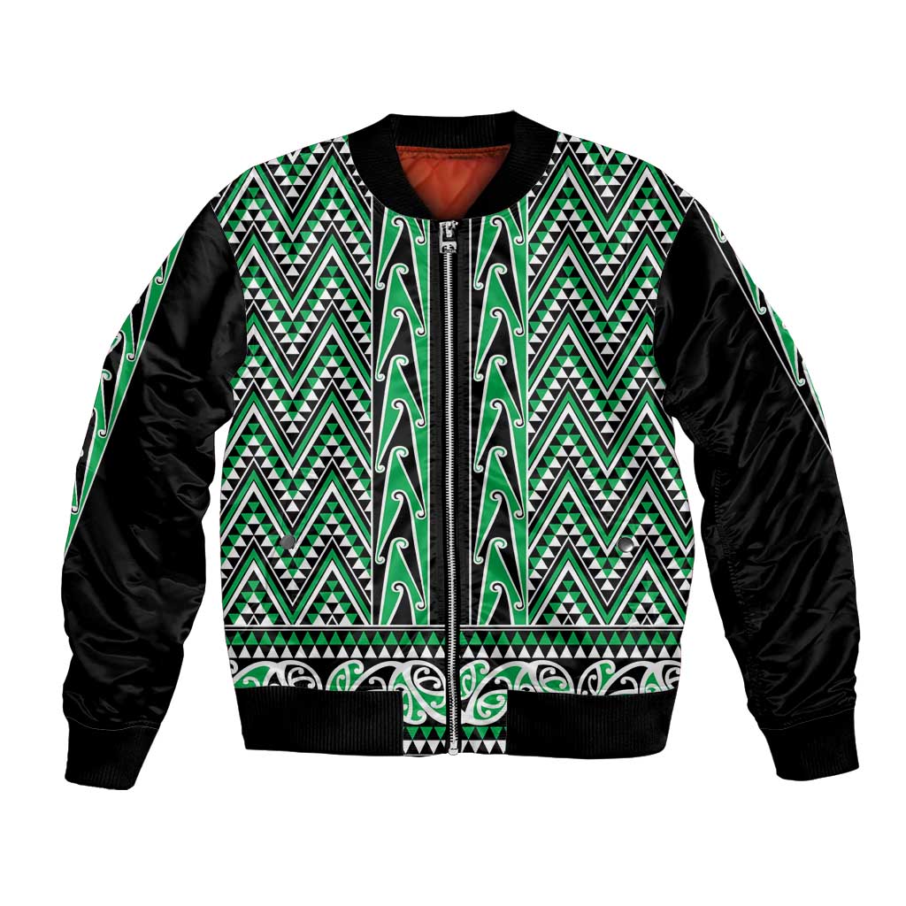 New Zealand Maori Niho Taniwha Bomber Jacket Kakariki Mangopare and Puhoro Pattern