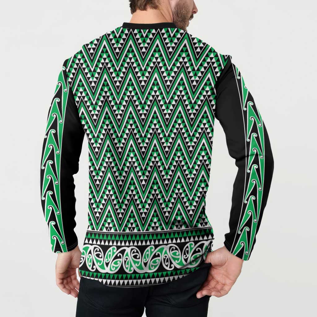 New Zealand Maori Niho Taniwha Button Sweatshirt Kakariki Mangopare and Puhoro Pattern