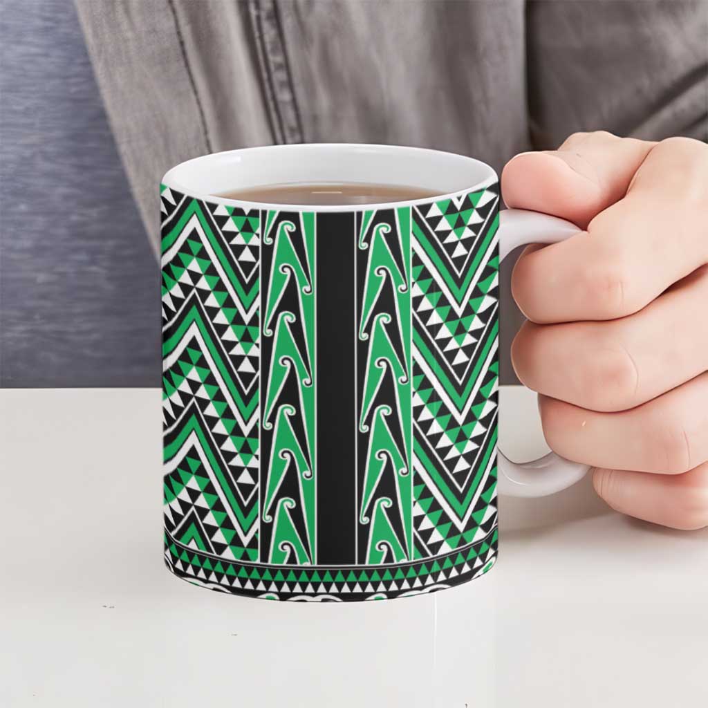 New Zealand Maori Niho Taniwha Ceramic Mug Kakariki Mangopare and Puhoro Pattern - Polynesian Pride