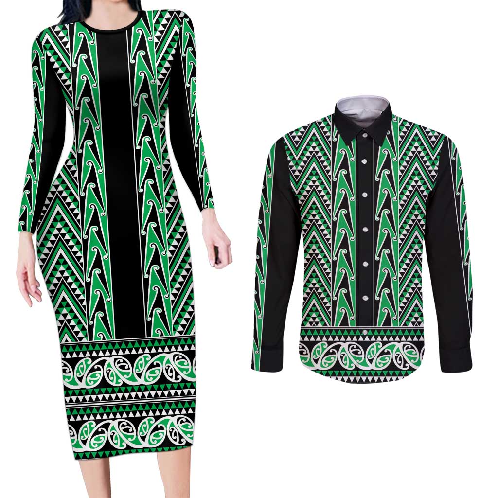 New Zealand Maori Niho Taniwha Couples Matching Long Sleeve Bodycon Dress and Long Sleeve Button Shirt Kakariki Mangopare and Puhoro Pattern