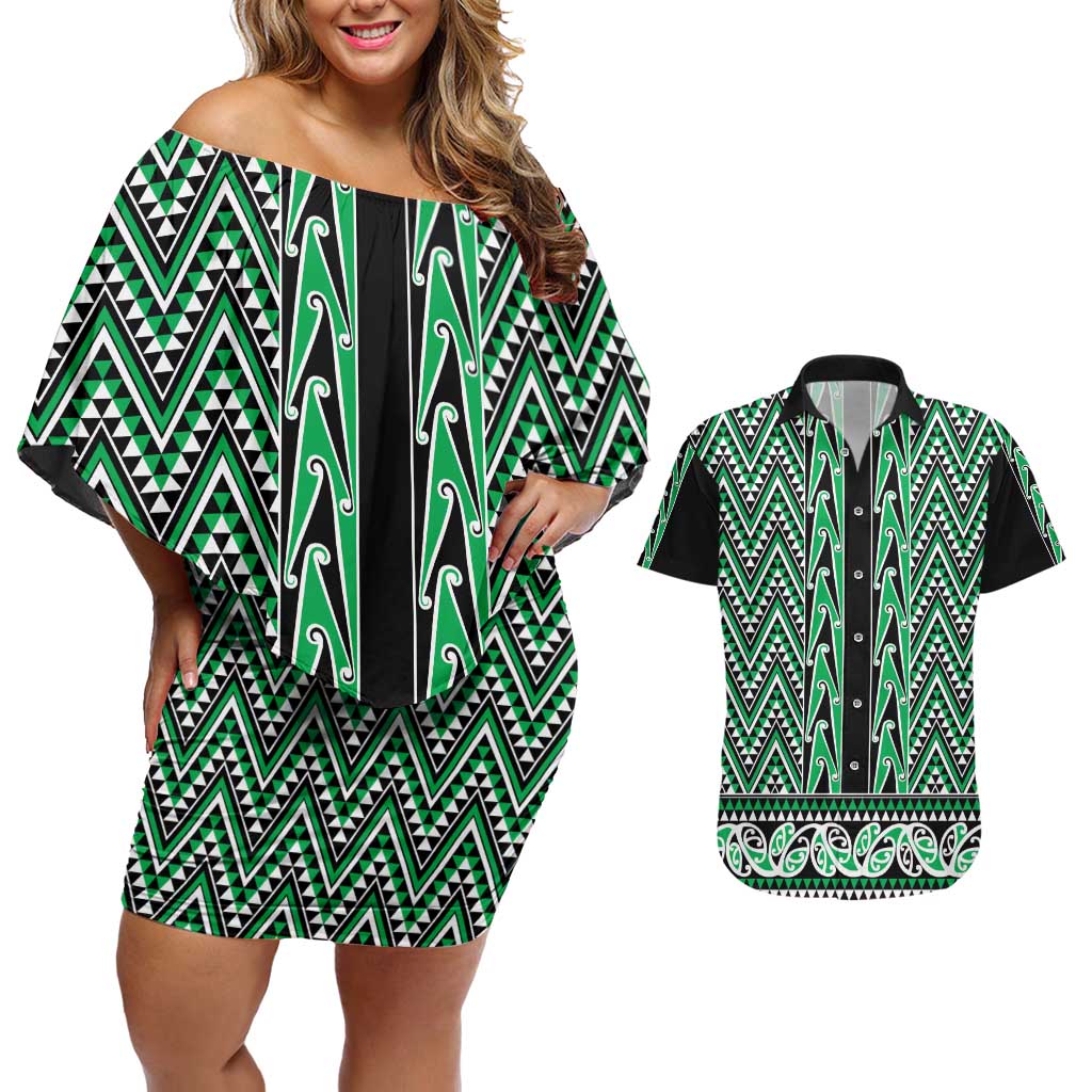 New Zealand Maori Niho Taniwha Couples Matching Off Shoulder Short Dress and Hawaiian Shirt Kakariki Mangopare and Puhoro Pattern