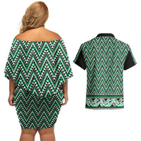 New Zealand Maori Niho Taniwha Couples Matching Off Shoulder Short Dress and Hawaiian Shirt Kakariki Mangopare and Puhoro Pattern
