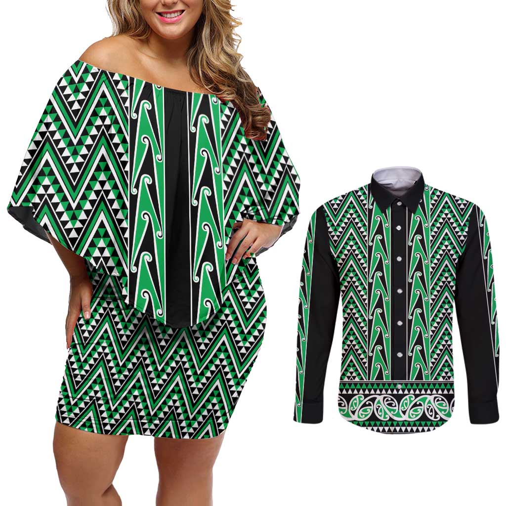 New Zealand Maori Niho Taniwha Couples Matching Off Shoulder Short Dress and Long Sleeve Button Shirt Kakariki Mangopare and Puhoro Pattern