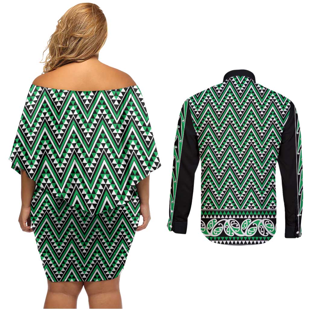 New Zealand Maori Niho Taniwha Couples Matching Off Shoulder Short Dress and Long Sleeve Button Shirt Kakariki Mangopare and Puhoro Pattern