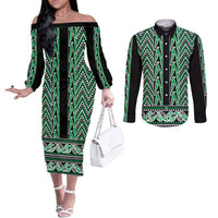 New Zealand Maori Niho Taniwha Couples Matching Off The Shoulder Long Sleeve Dress and Long Sleeve Button Shirt Kakariki Mangopare and Puhoro Pattern