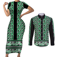 New Zealand Maori Niho Taniwha Couples Matching Short Sleeve Bodycon Dress and Long Sleeve Button Shirt Kakariki Mangopare and Puhoro Pattern