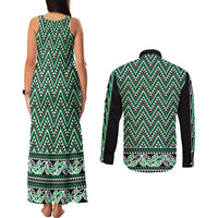 New Zealand Maori Niho Taniwha Couples Matching Tank Maxi Dress and Long Sleeve Button Shirt Kakariki Mangopare and Puhoro Pattern