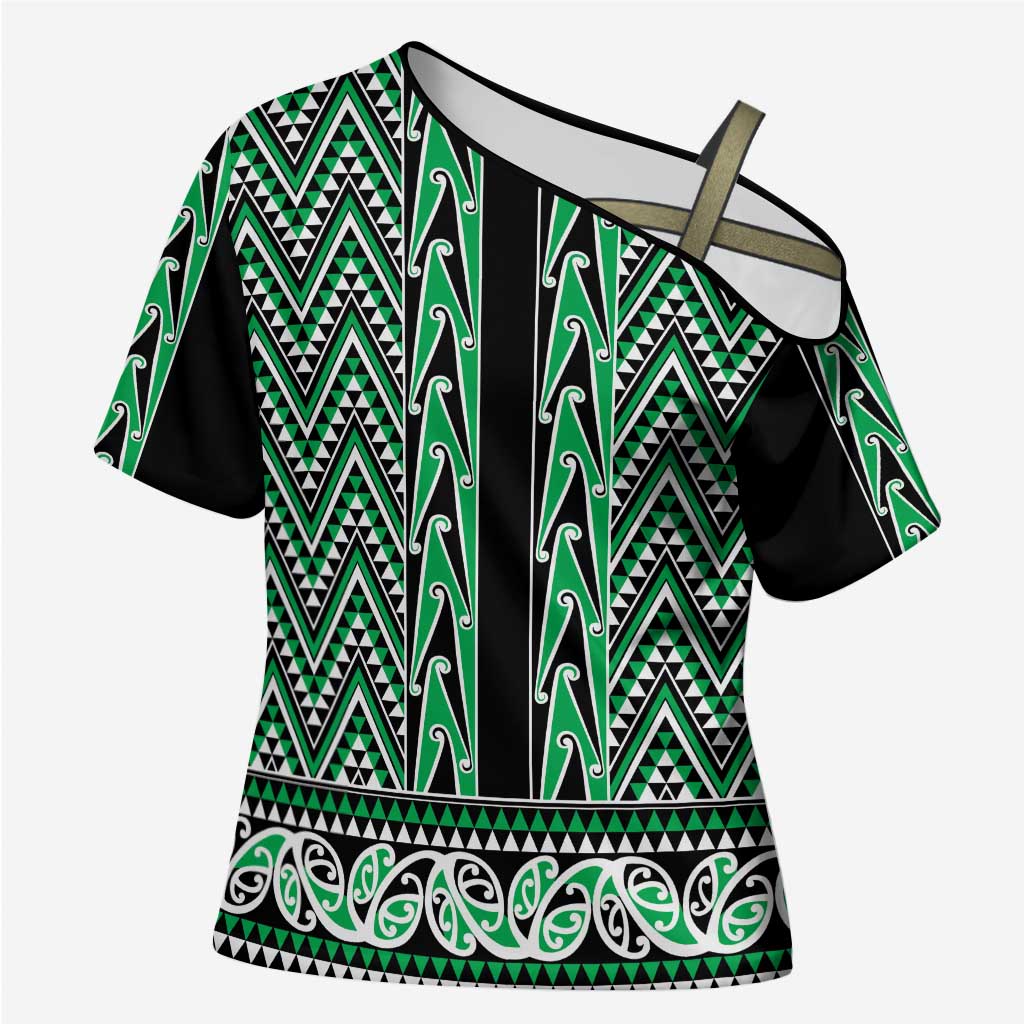 New Zealand Maori Niho Taniwha Cross Shoulder Shirt Kakariki Mangopare and Puhoro Pattern - Polynesian Pride