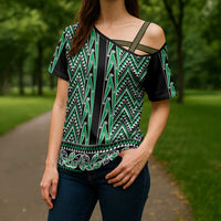 New Zealand Maori Niho Taniwha Cross Shoulder Shirt Kakariki Mangopare and Puhoro Pattern - Polynesian Pride