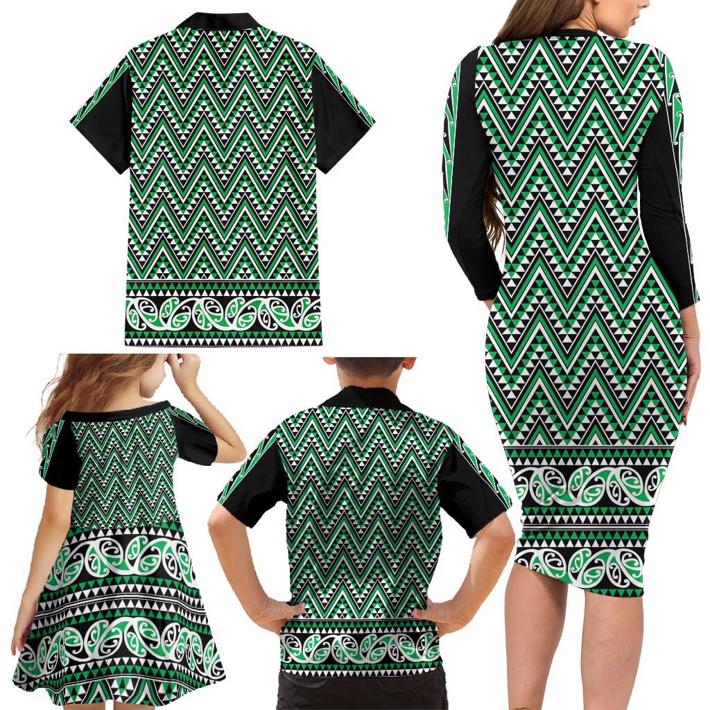 New Zealand Maori Niho Taniwha Family Matching Long Sleeve Bodycon Dress and Hawaiian Shirt Kakariki Mangopare and Puhoro Pattern