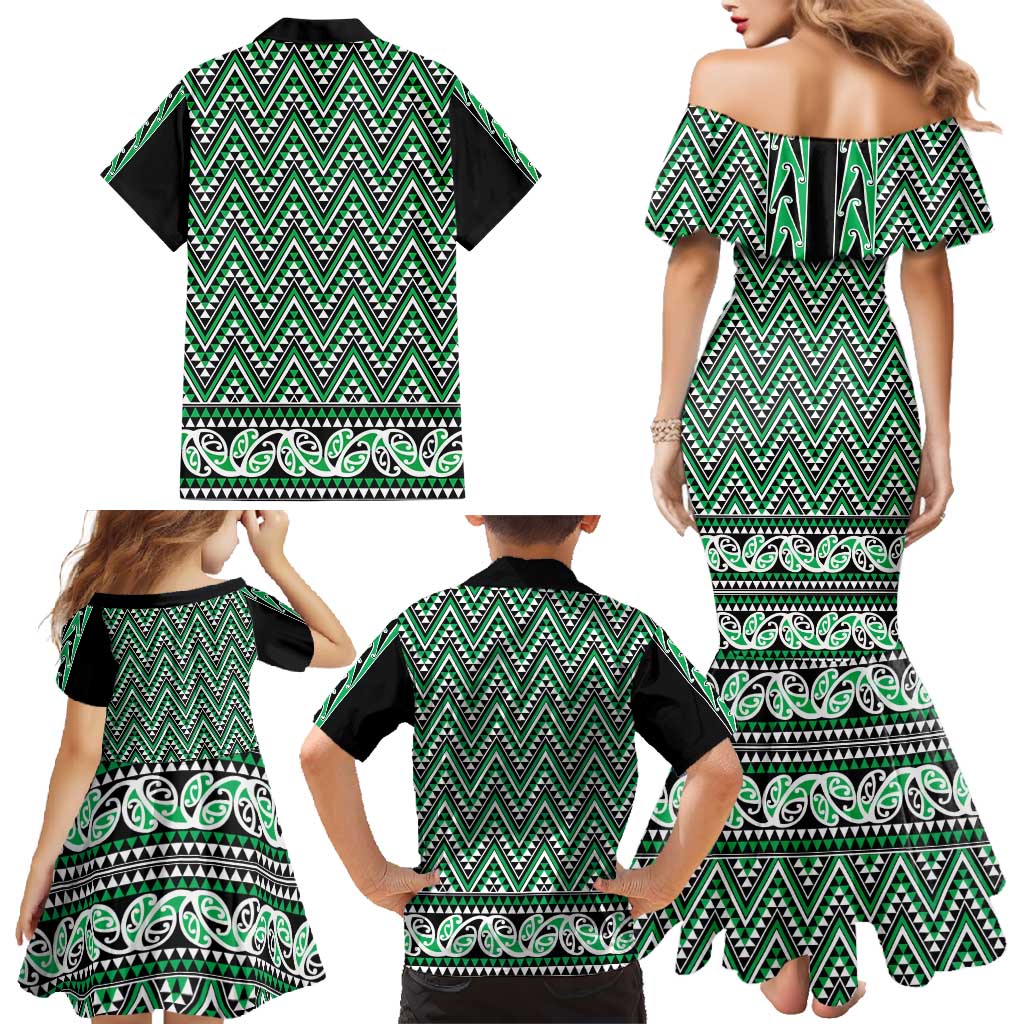 New Zealand Maori Niho Taniwha Family Matching Mermaid Dress and Hawaiian Shirt Kakariki Mangopare and Puhoro Pattern