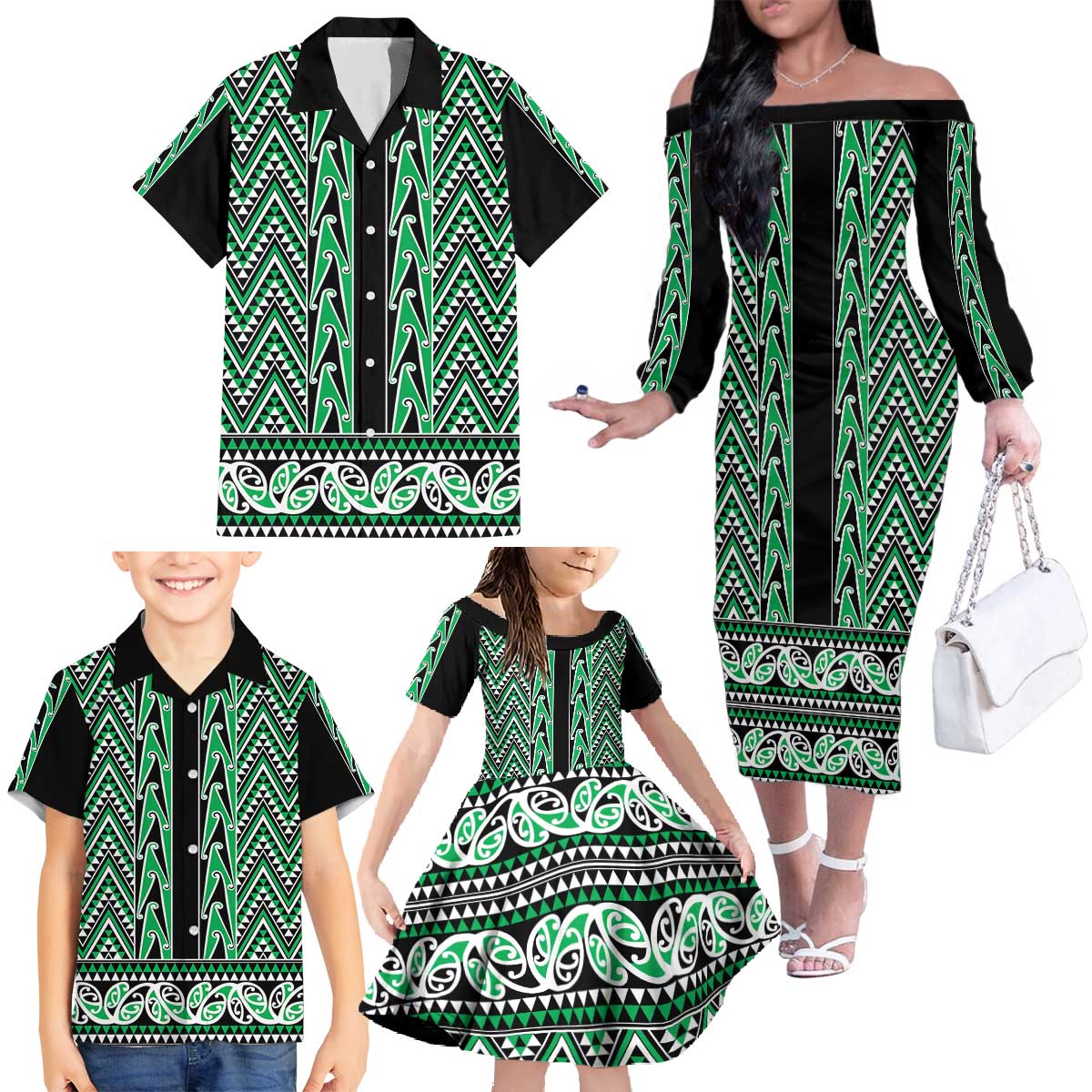 New Zealand Maori Niho Taniwha Family Matching Off The Shoulder Long Sleeve Dress and Hawaiian Shirt Kakariki Mangopare and Puhoro Pattern