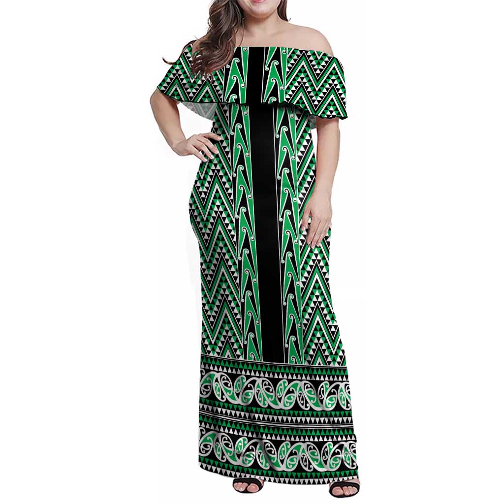 New Zealand Maori Niho Taniwha Family Matching Off Shoulder Maxi Dress and Hawaiian Shirt Kakariki Mangopare and Puhoro Pattern