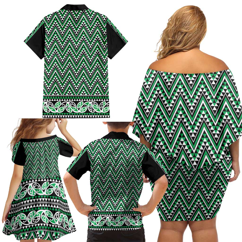 New Zealand Maori Niho Taniwha Family Matching Off Shoulder Short Dress and Hawaiian Shirt Kakariki Mangopare and Puhoro Pattern