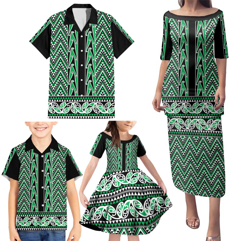 New Zealand Maori Niho Taniwha Family Matching Puletasi and Hawaiian Shirt Kakariki Mangopare and Puhoro Pattern