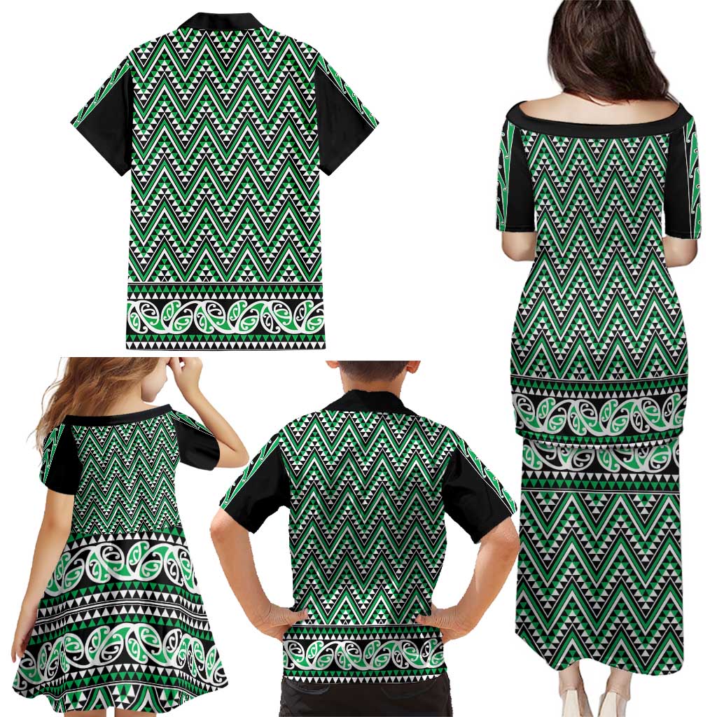 New Zealand Maori Niho Taniwha Family Matching Puletasi and Hawaiian Shirt Kakariki Mangopare and Puhoro Pattern