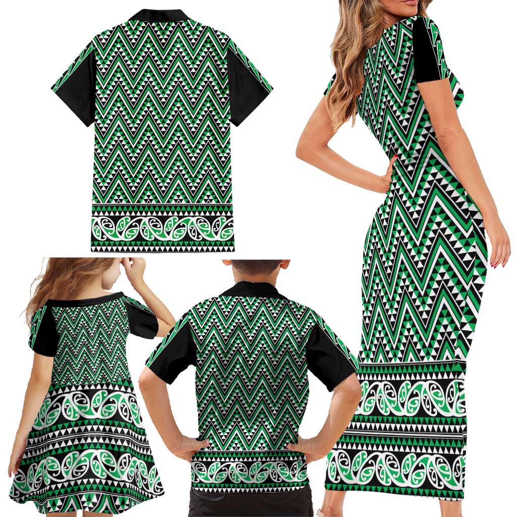 New Zealand Maori Niho Taniwha Family Matching Short Sleeve Bodycon Dress and Hawaiian Shirt Kakariki Mangopare and Puhoro Pattern