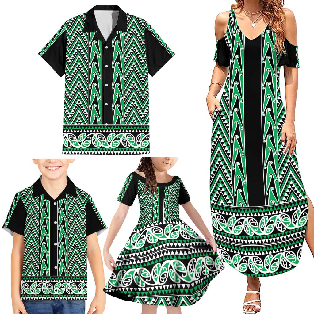 New Zealand Maori Niho Taniwha Family Matching Summer Maxi Dress and Hawaiian Shirt Kakariki Mangopare and Puhoro Pattern
