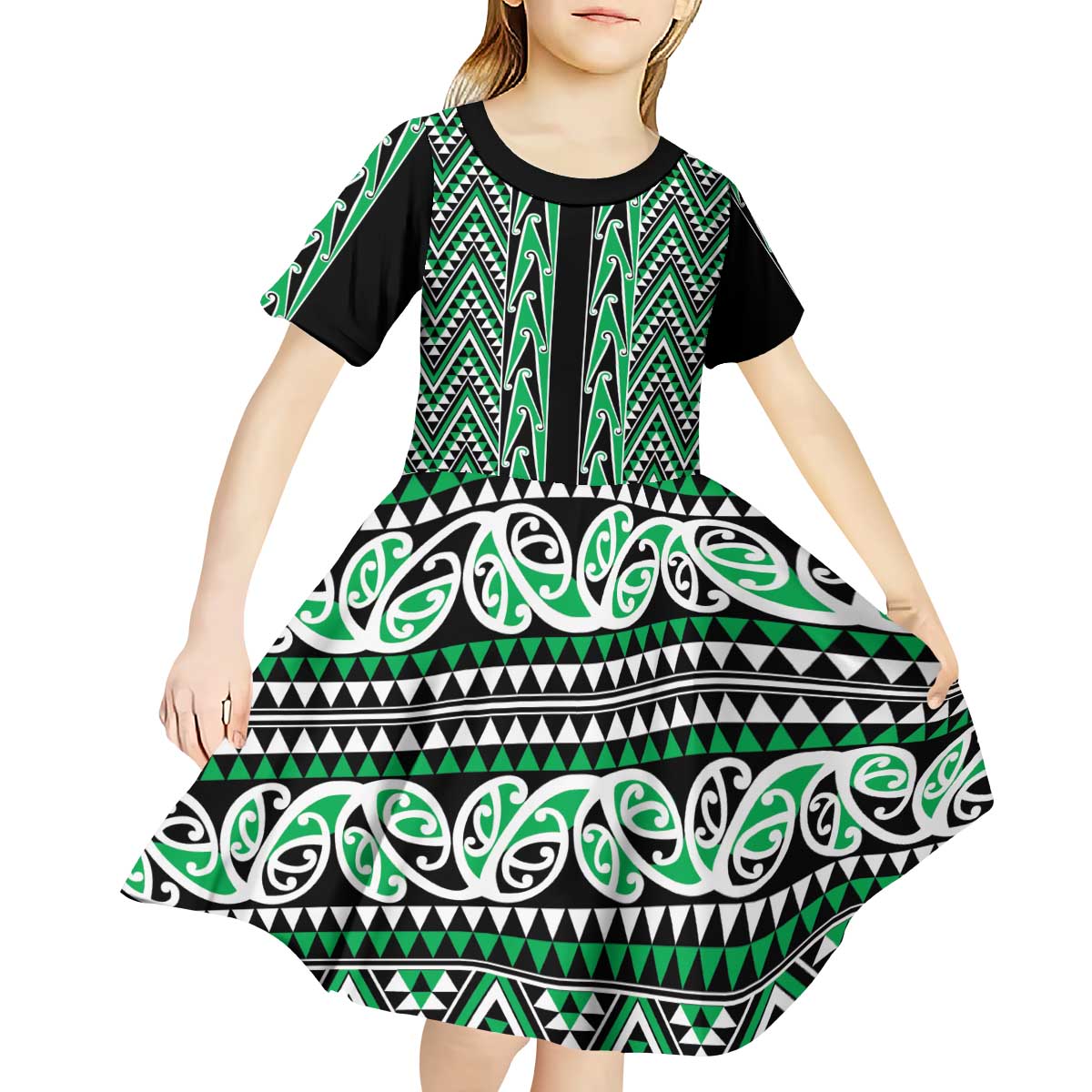 New Zealand Maori Niho Taniwha Kid Short Sleeve Dress Kakariki Mangopare and Puhoro Pattern