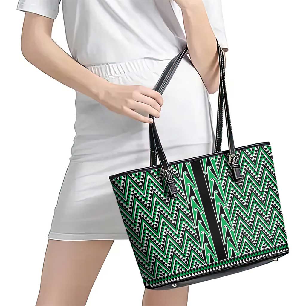 New Zealand Maori Niho Taniwha Leather Tote Bag Kakariki Mangopare and Puhoro Pattern