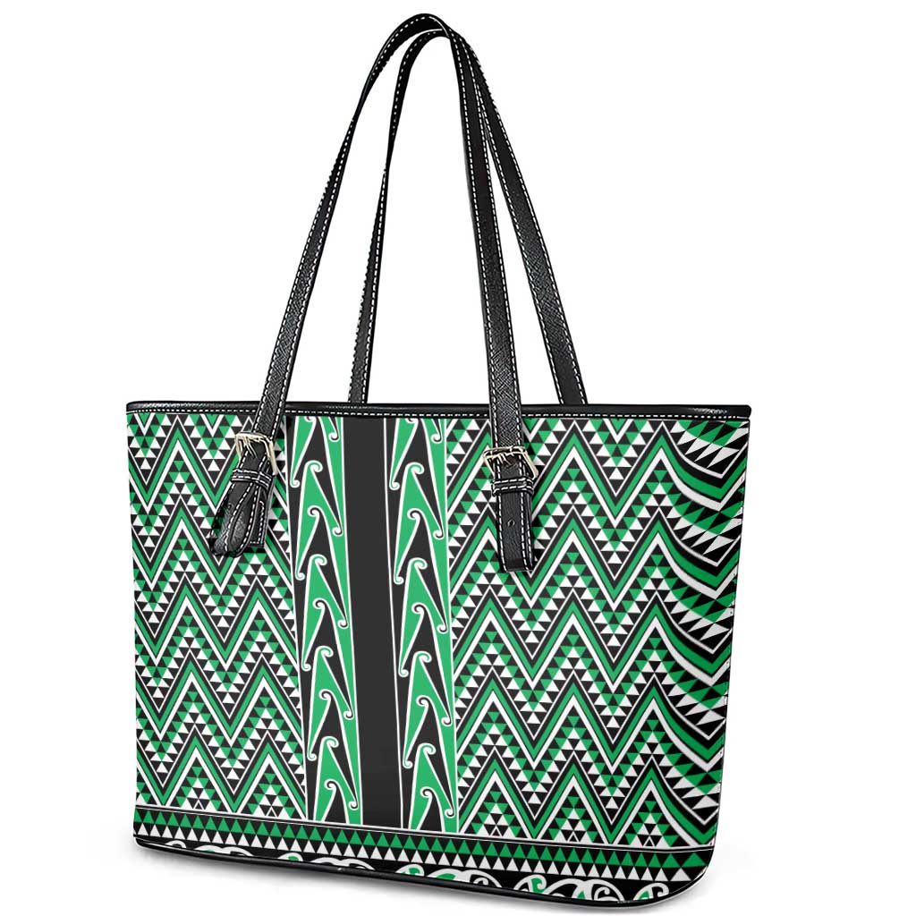 New Zealand Maori Niho Taniwha Leather Tote Bag Kakariki Mangopare and Puhoro Pattern