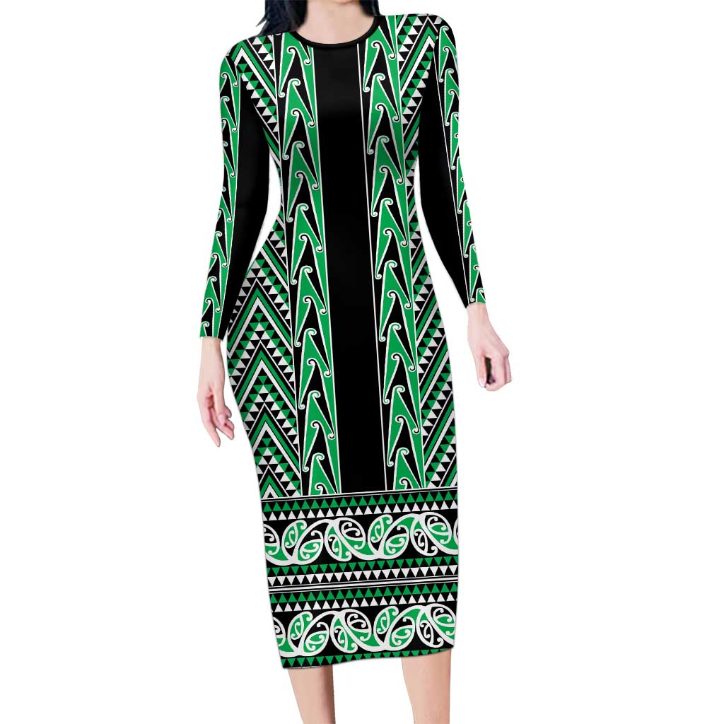 New Zealand Maori Niho Taniwha Long Sleeve Bodycon Dress Kakariki Mangopare and Puhoro Pattern