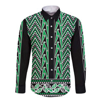 New Zealand Maori Niho Taniwha Long Sleeve Button Shirt Kakariki Mangopare and Puhoro Pattern