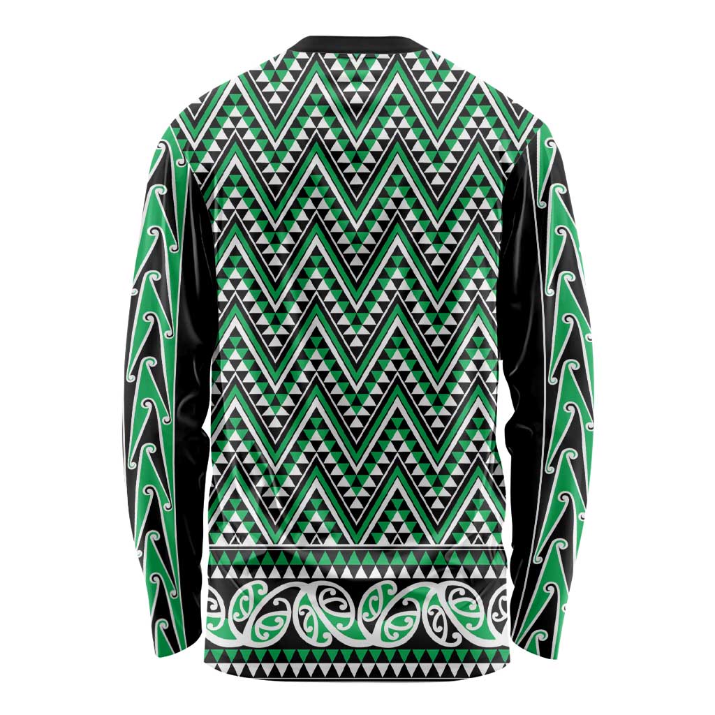 New Zealand Maori Niho Taniwha Long Sleeve Shirt Kakariki Mangopare and Puhoro Pattern