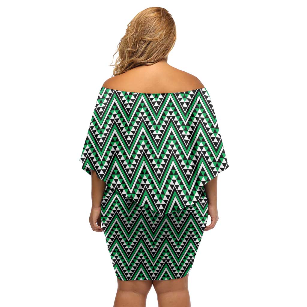 New Zealand Maori Niho Taniwha Off Shoulder Short Dress Kakariki Mangopare and Puhoro Pattern