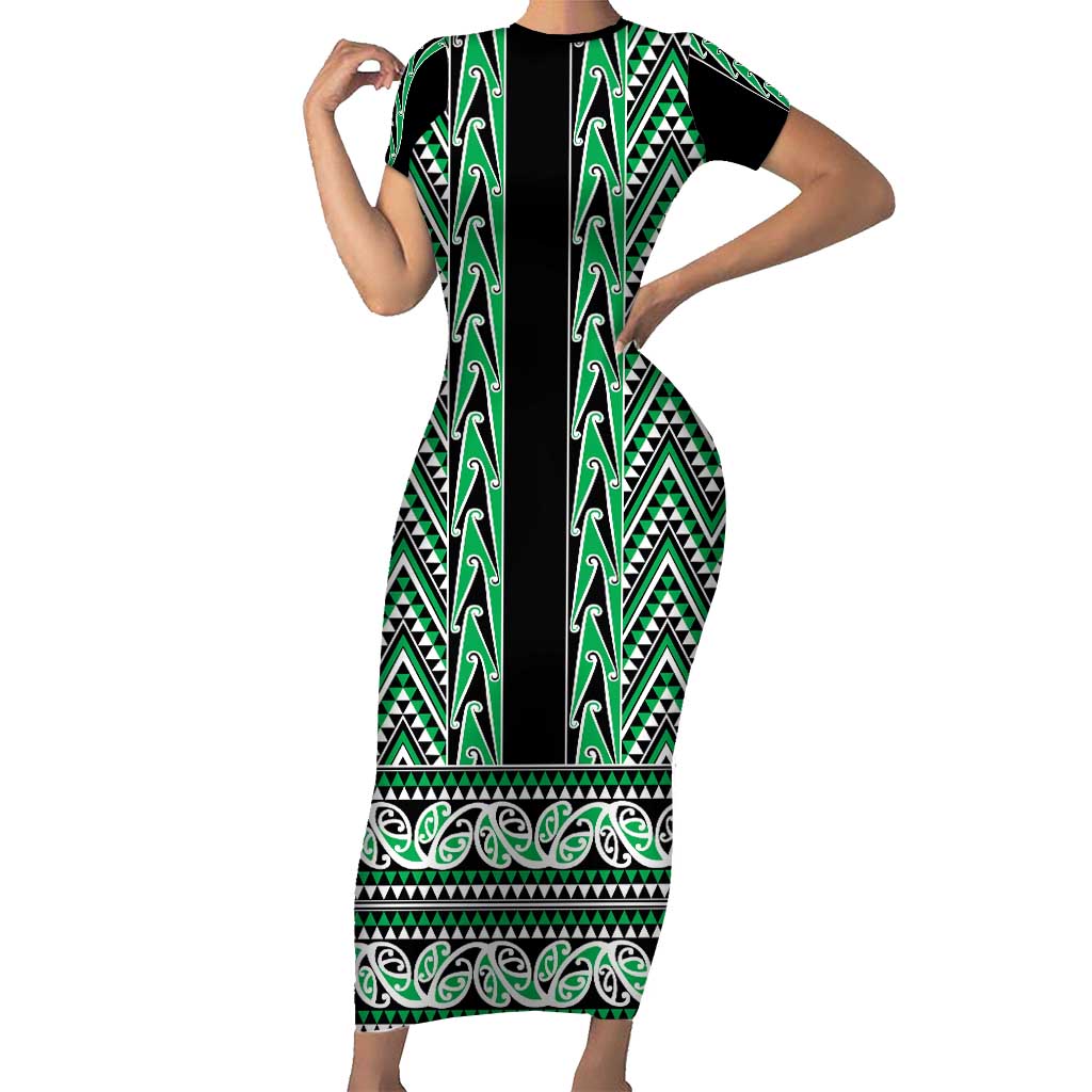 New Zealand Maori Niho Taniwha Short Sleeve Bodycon Dress Kakariki Mangopare and Puhoro Pattern
