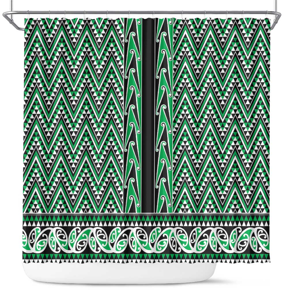 New Zealand Maori Niho Taniwha Shower Curtain Kakariki Mangopare and Puhoro Pattern