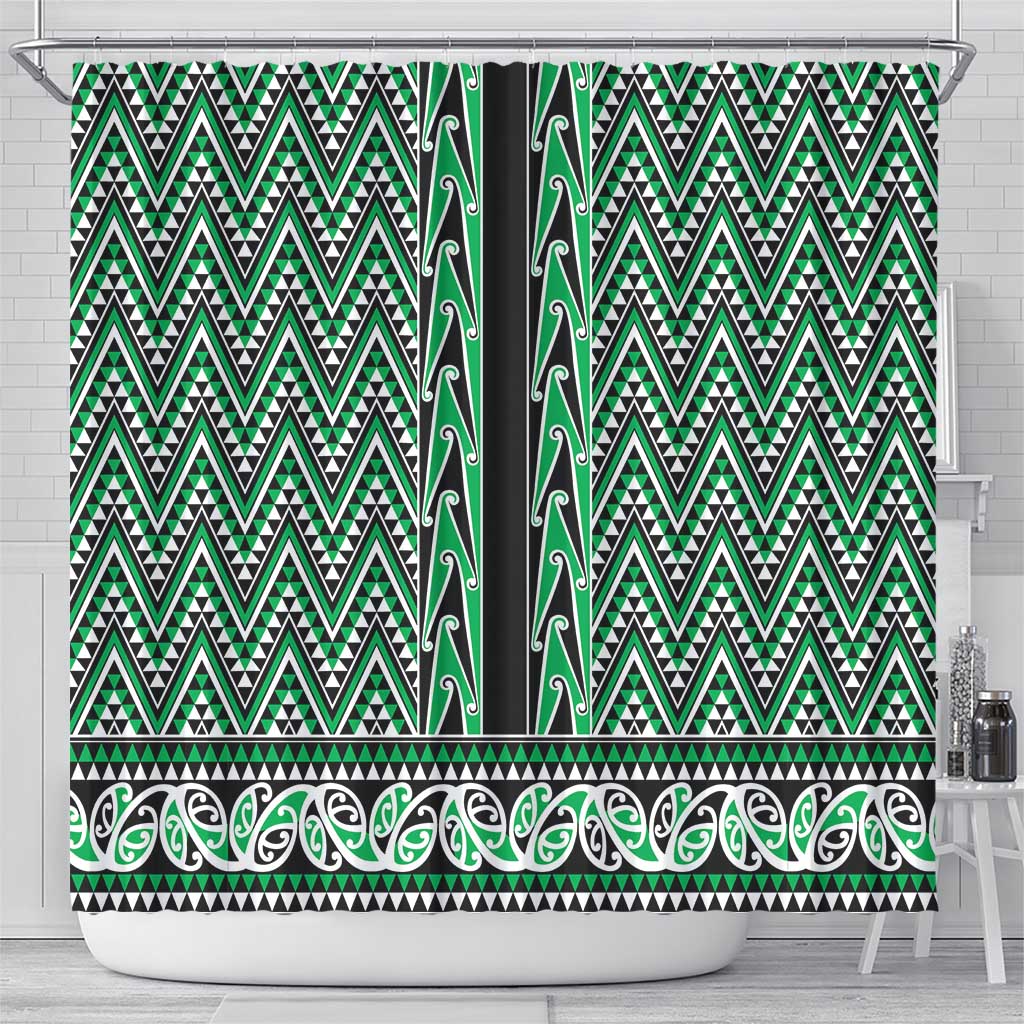 New Zealand Maori Niho Taniwha Shower Curtain Kakariki Mangopare and Puhoro Pattern