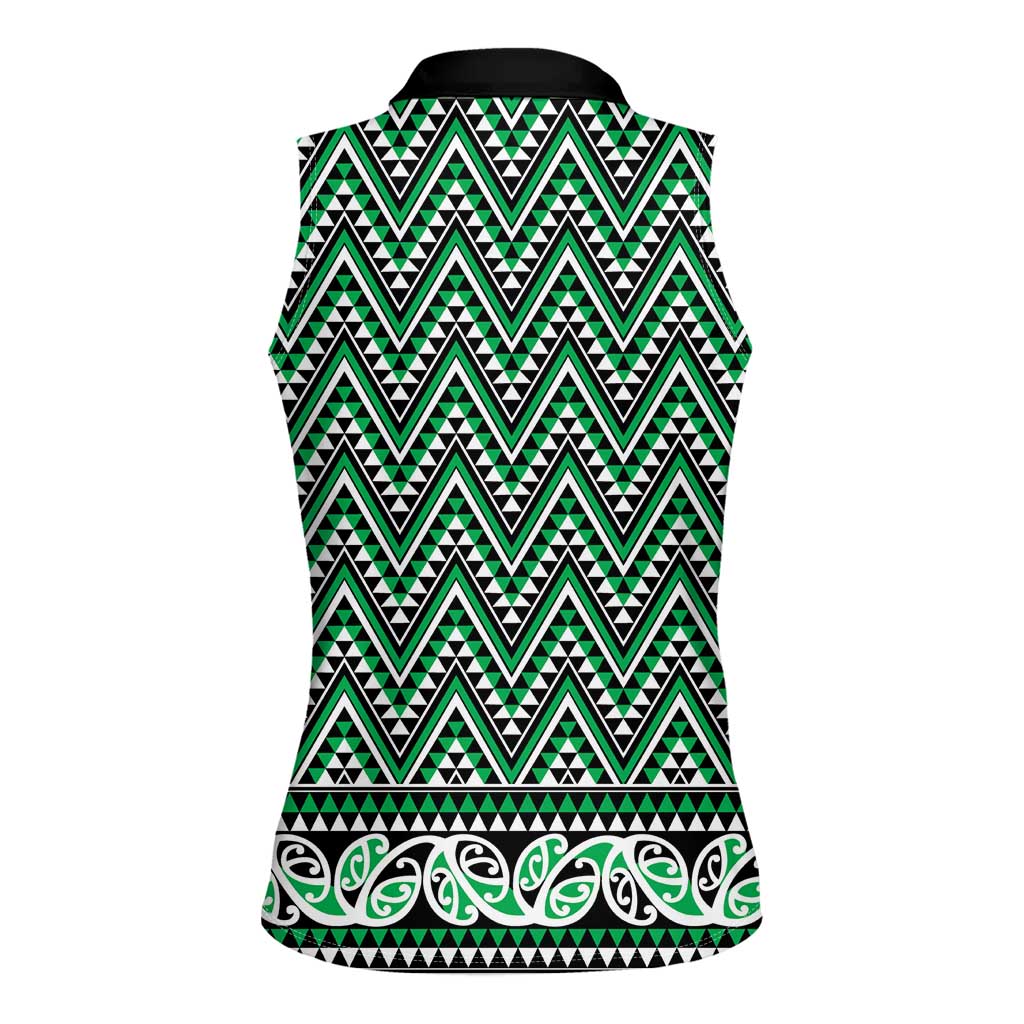 New Zealand Maori Niho Taniwha Women Sleeveless Polo Shirt Kakariki Mangopare and Puhoro Pattern