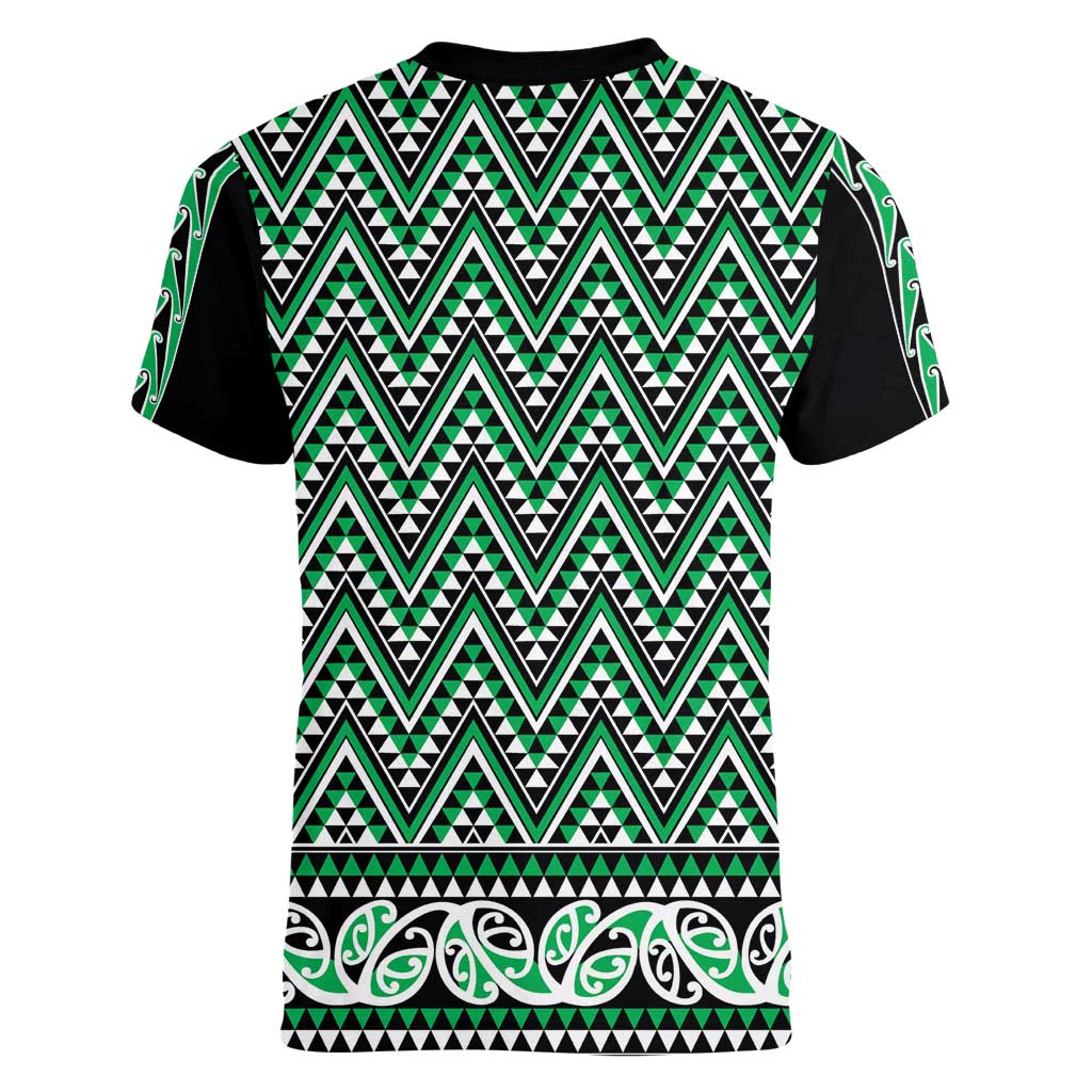New Zealand Maori Niho Taniwha Women V-Neck T-Shirt Kakariki Mangopare and Puhoro Pattern